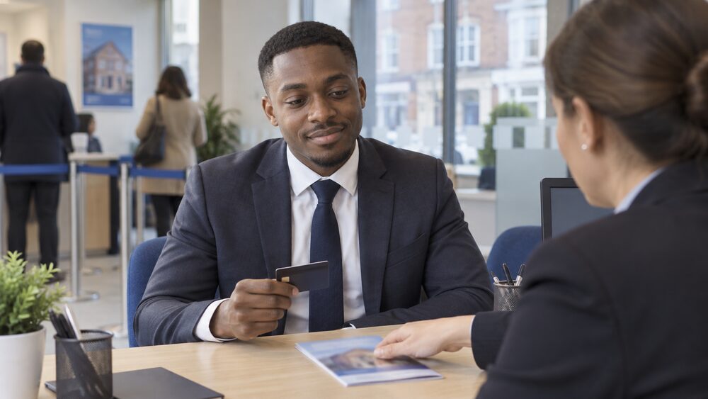 A young man sits at a desk in a bank branch holding a credit card while an adviser slides a leaflet across.