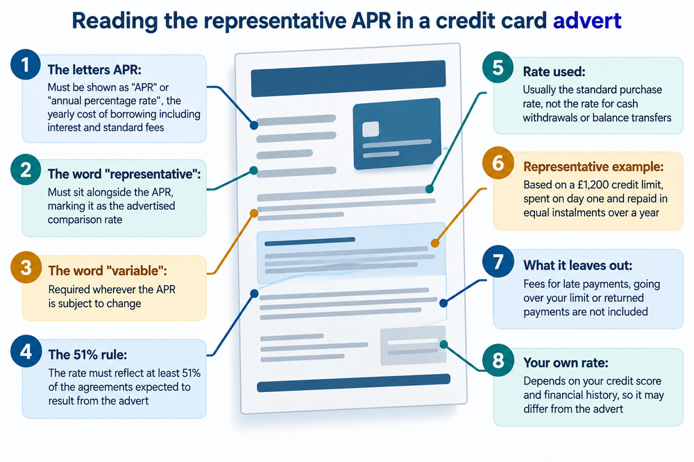 A credit card advert with the APR figure and the words representative and variable circled and labelled