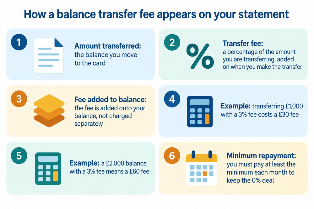 A credit card statement showing a balance transfer and its fee added to the balance