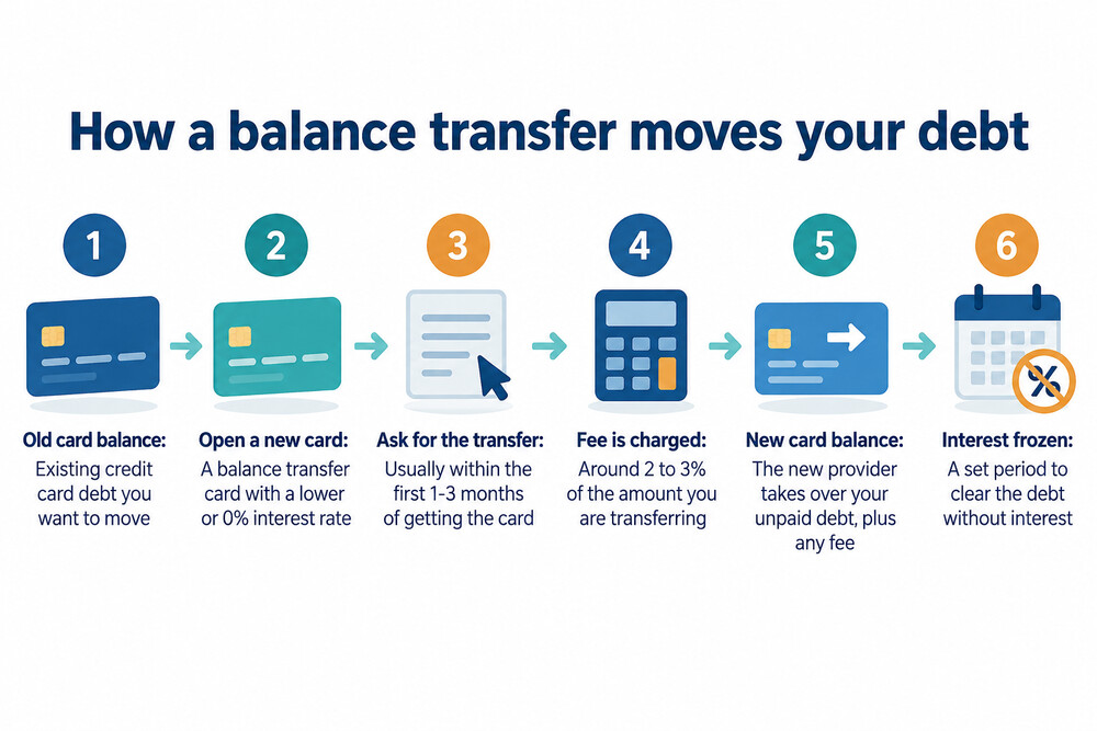 A simple diagram showing a debt moving from an old credit card to a new card with a 0% offer