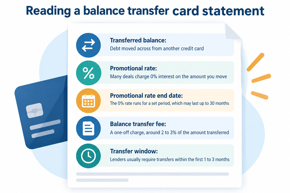 A credit card statement showing the end date of a 0% balance transfer offer and the standard rate that applies afterwards