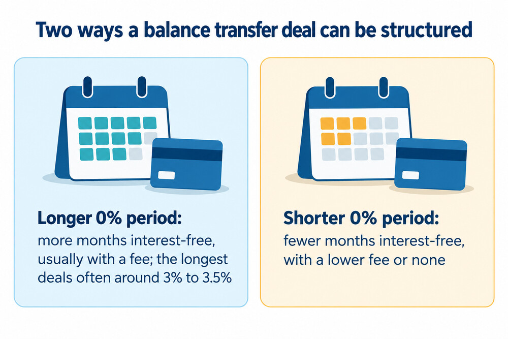 A side-by-side comparison of a long 0% period with a fee and a shorter 0% period with no fee
