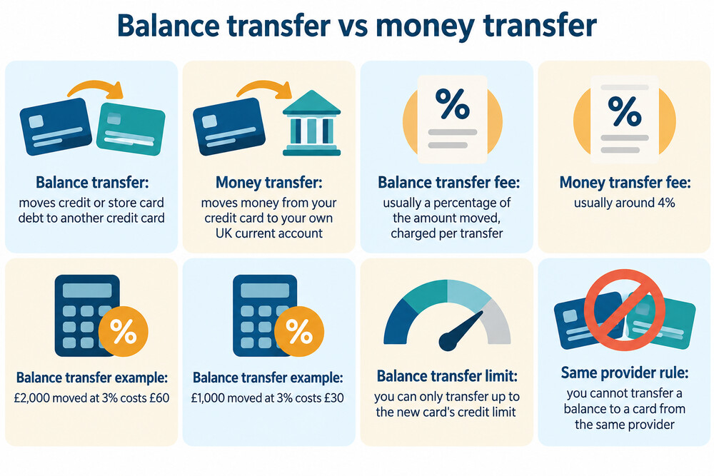 A simple side-by-side showing a balance transfer moving debt between two cards and a money transfer moving cash to a current account