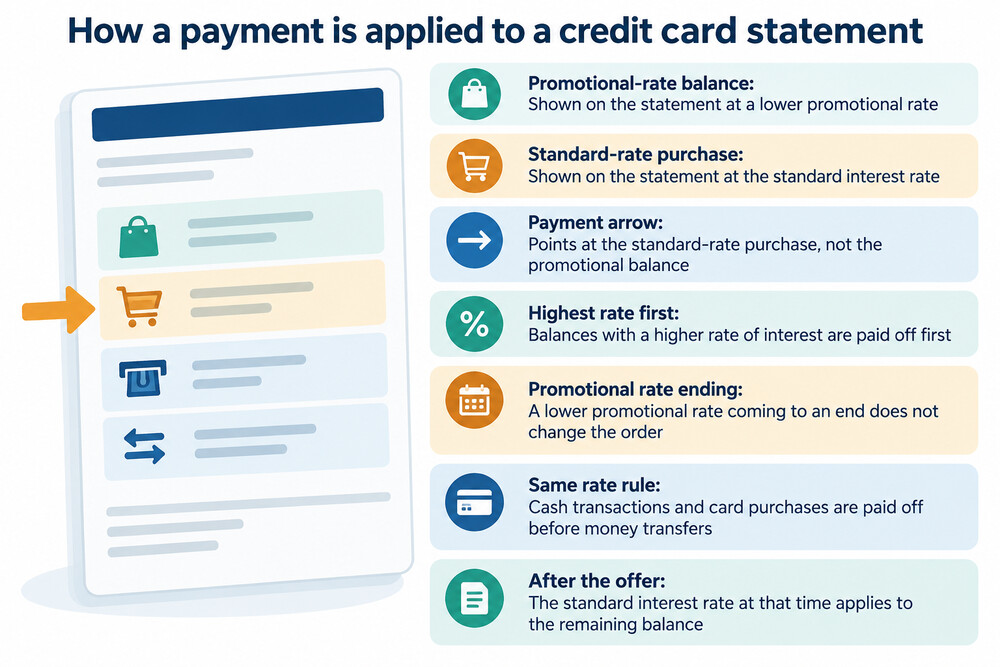A statement extract showing a promotional-rate balance and a standard-rate purchase, with the payment arrow pointing at the purchase