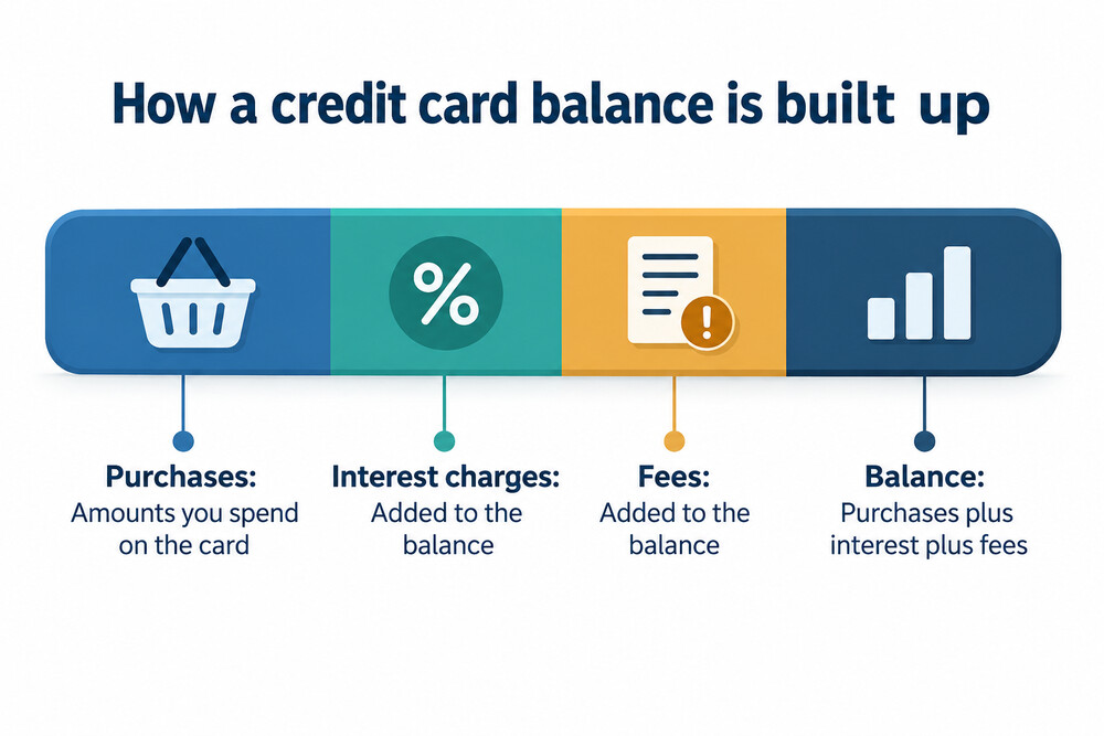 A credit card statement showing purchases, interest and fees listed separately