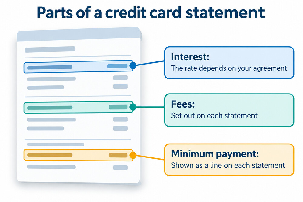 A credit card statement showing interest, fees and a minimum payment line