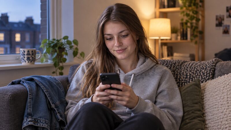 A young woman sits on a sofa checking something on her phone in the evening.