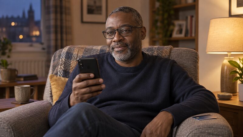 A man sits in an armchair holding a phone with an old card beside him.