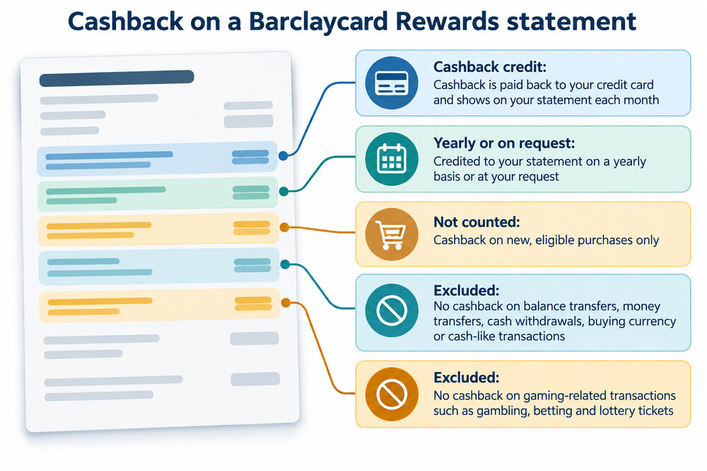 A credit card statement showing a cashback credit line and the annual cashback total