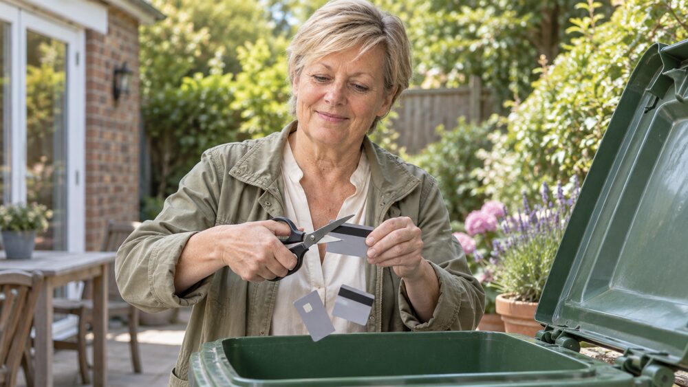 A woman in her sixties cuts a credit card in half over a recycling bin in her garden.