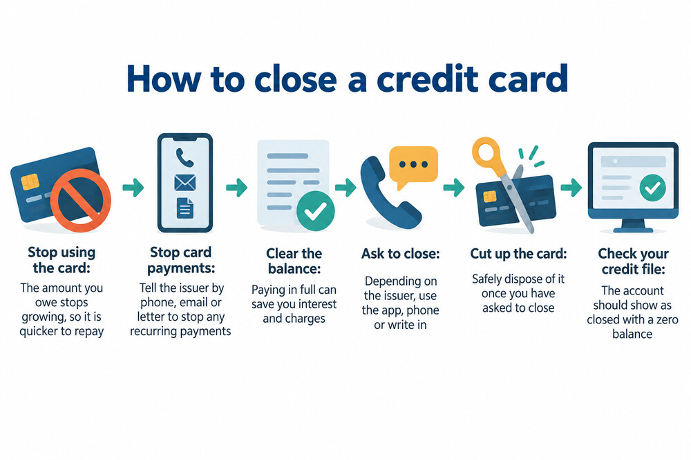A smartphone screen showing a banking app with a credit card selected and a menu option to close the credit card