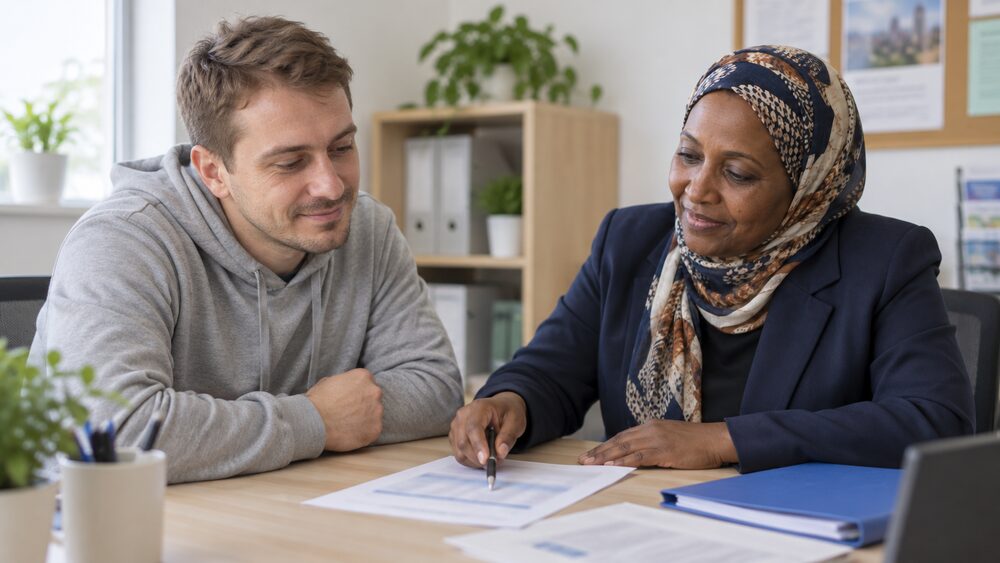 Two people sit at a desk in an advice office, one pointing at a budget sheet.