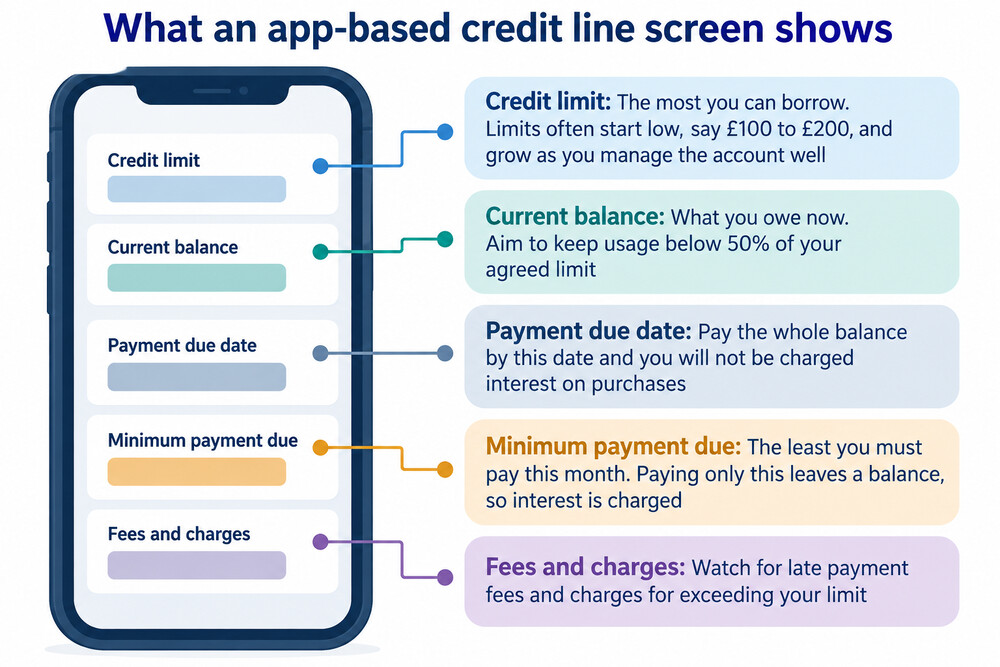 A phone screen showing an app-based credit line with the current balance, the available credit and a repayment date