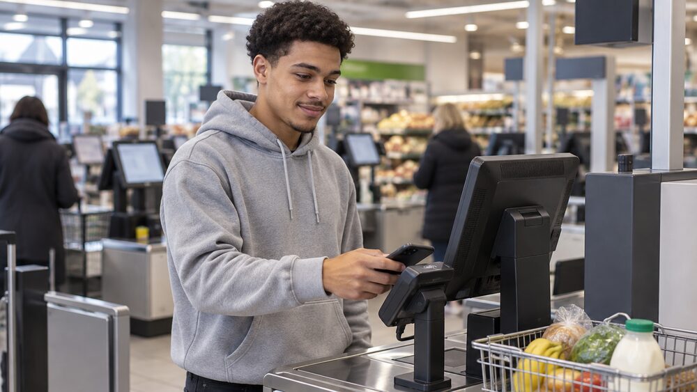 A young man pays at a supermarket self-checkout by holding his phone over the card reader.