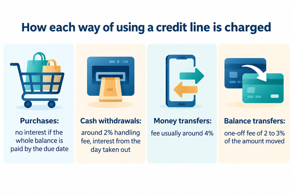 A comparison of how purchases, cash withdrawals, money transfers and balance transfers are charged on a credit line
