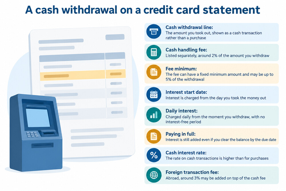 A credit card statement showing a cash withdrawal entry and the fees and interest charged on it
