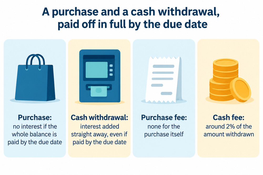 A diagram comparing a purchase repaid within the interest-free period with a cash withdrawal on which interest runs from day one