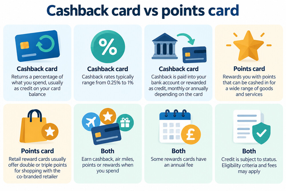 A side-by-side comparison of a cashback card paying a percentage back and a points card building up a points balance