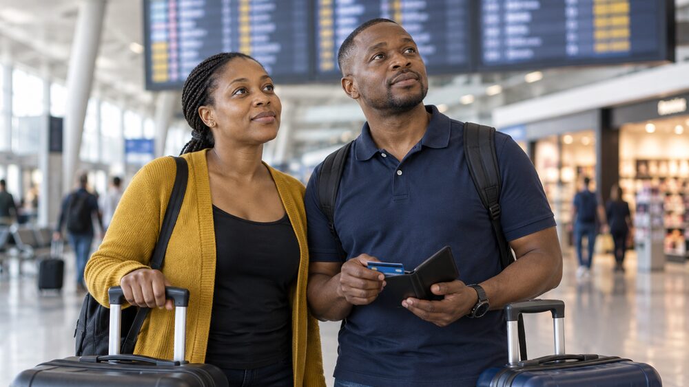 A couple with suitcases stand under a departure board, one holding an open wallet.