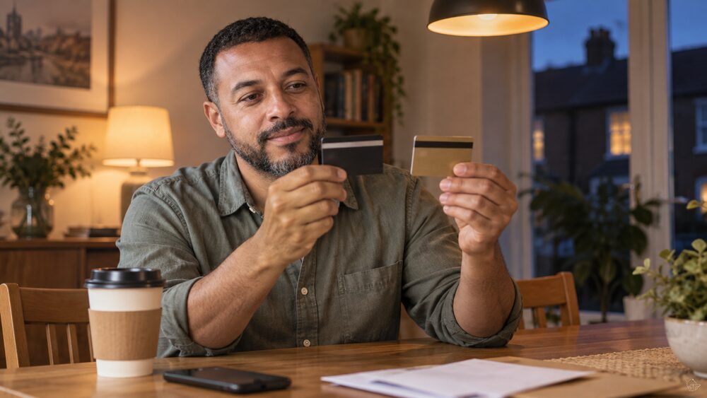 A man at a dining table holds two payment cards side by side, comparing them.