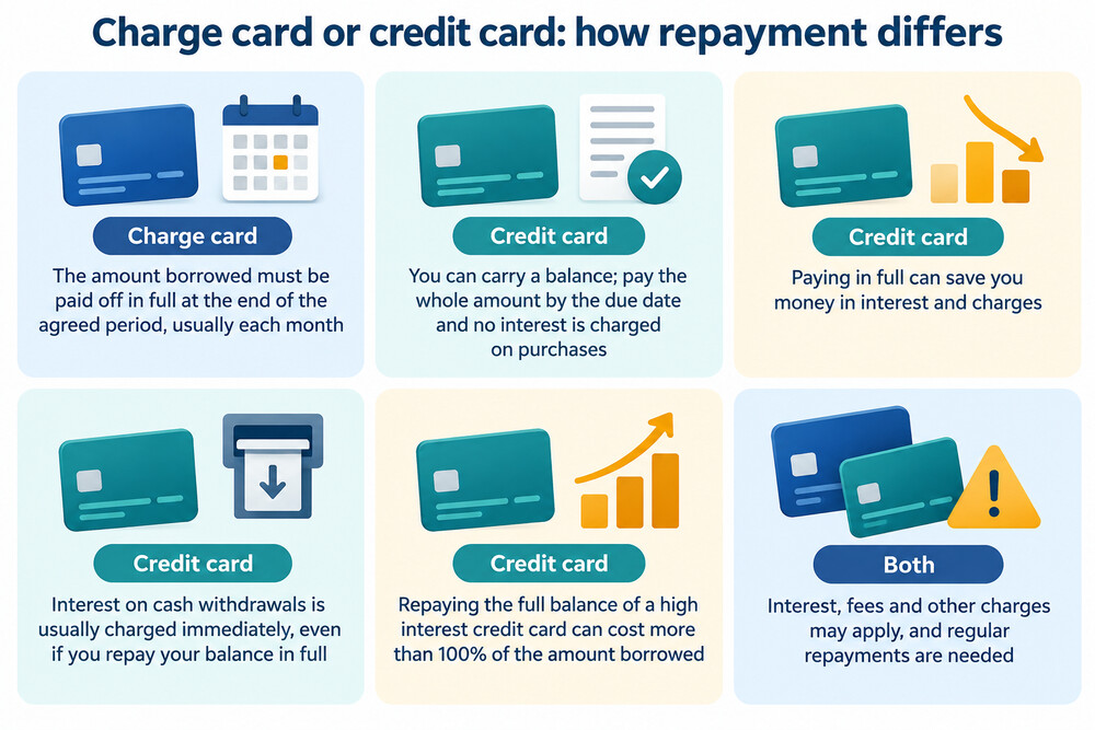 A side-by-side comparison of a charge card and a credit card showing the repayment rule for each