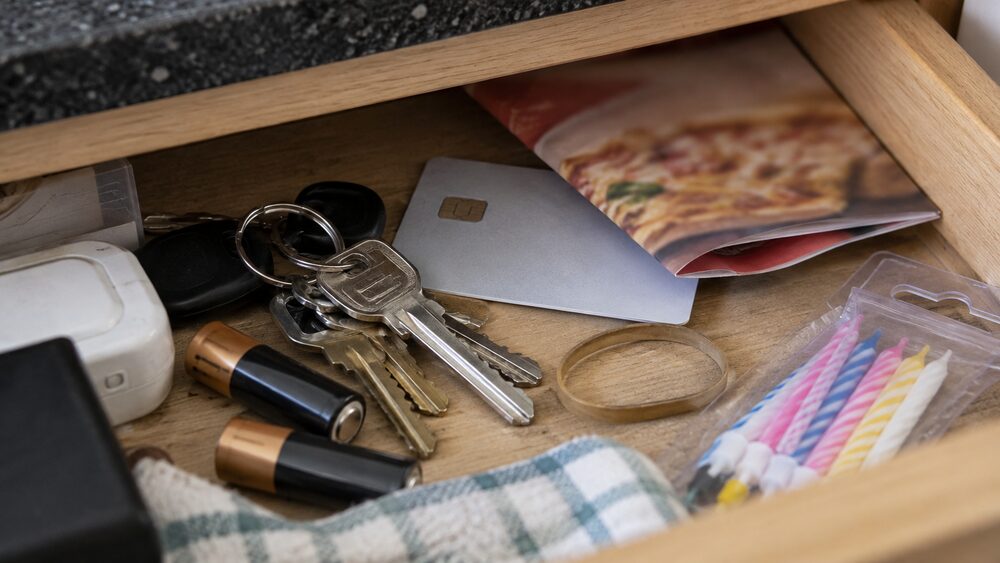 An old credit card lies at the back of an open kitchen drawer among keys and clutter.