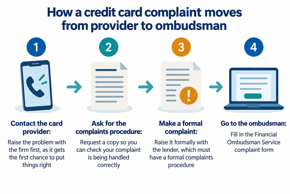 A timeline showing the stages of a credit card complaint, from first contact to the ombudsman