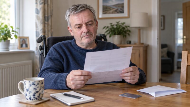 A man in a wheelchair sits at a table reading a letter from his card provider.