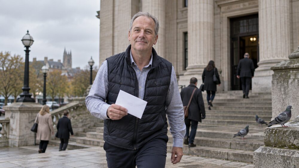 A man walks up the steps of a court building holding a plain white envelope.