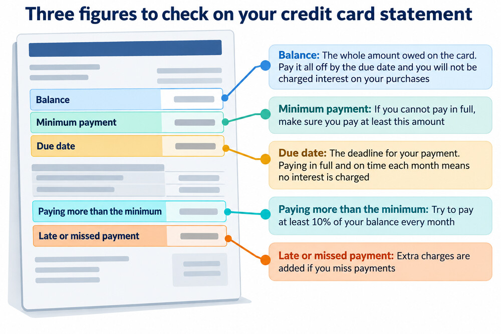 A credit card statement with the balance, minimum payment and due date highlighted