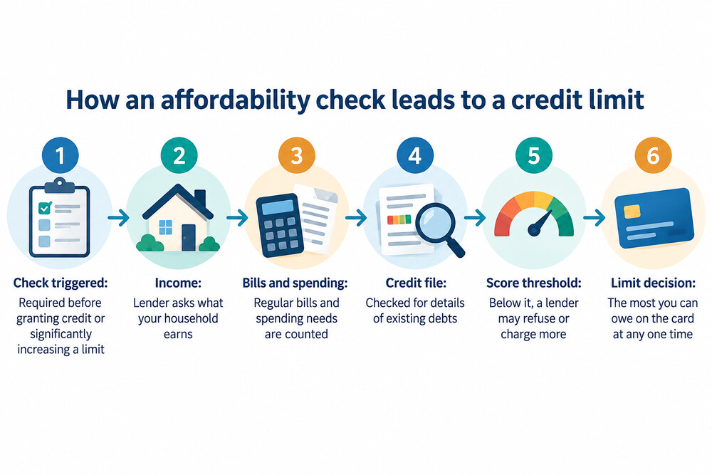 A lender's affordability check, showing income and outgoings on one side and the customer's credit file on the other