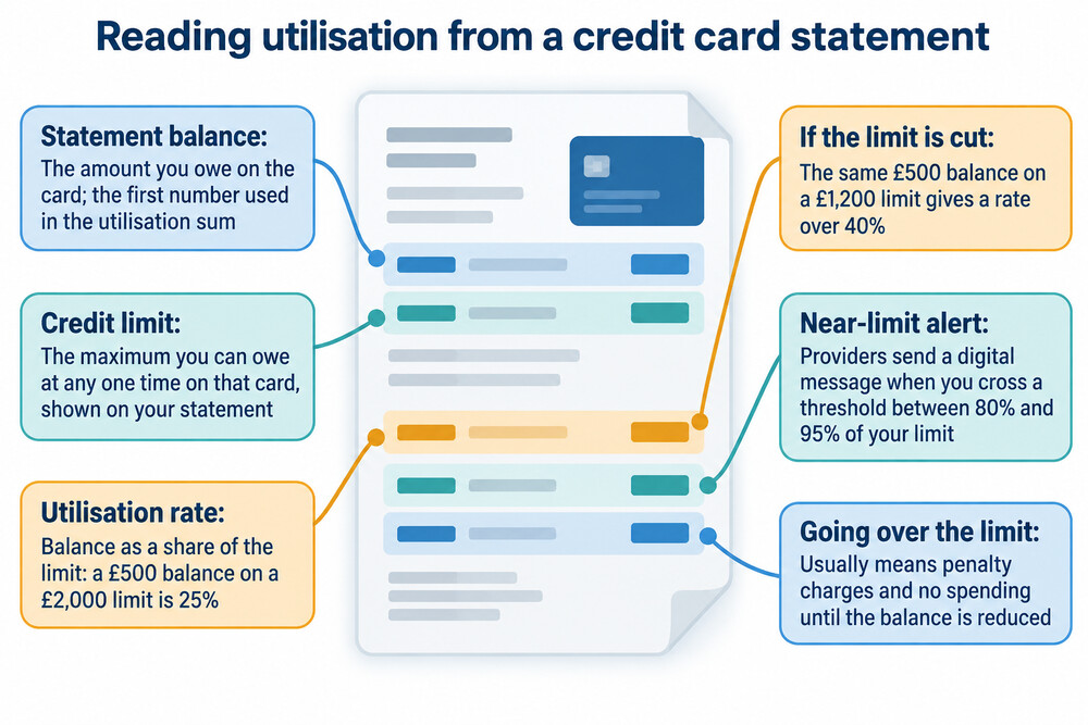 A credit card statement showing the balance and the credit limit side by side