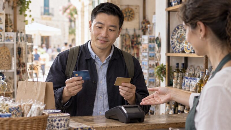 A man abroad holds a debit card and a credit card, choosing which to use at a shop.