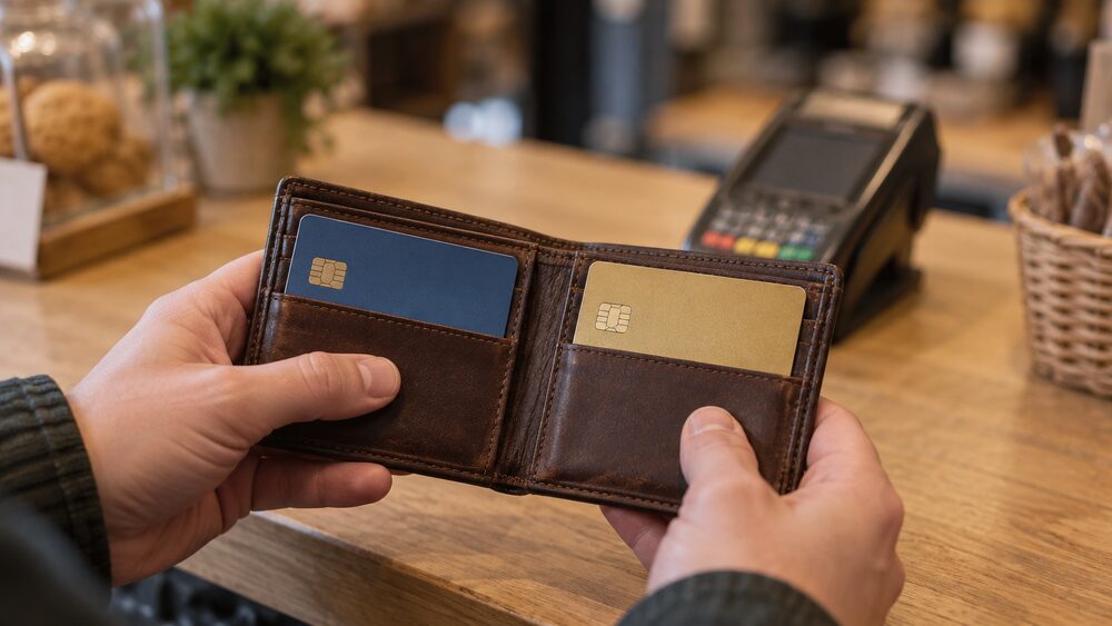 Close-up of hands holding an open wallet with two payment cards side by side.