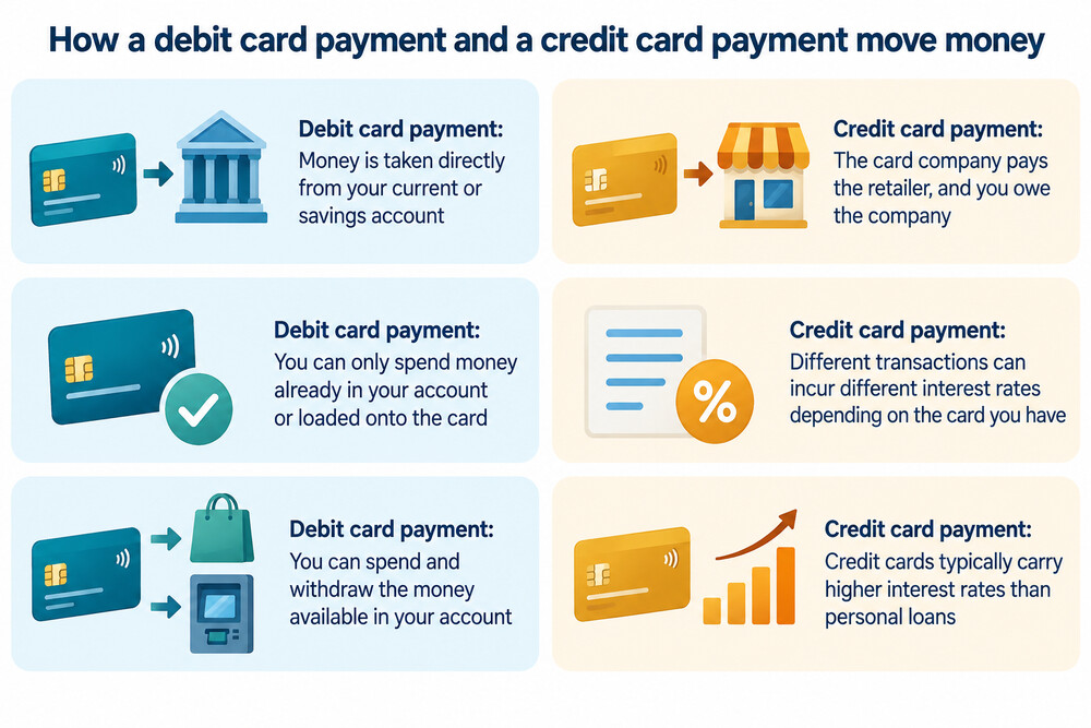 A side-by-side comparison of how a debit card payment and a credit card payment move money