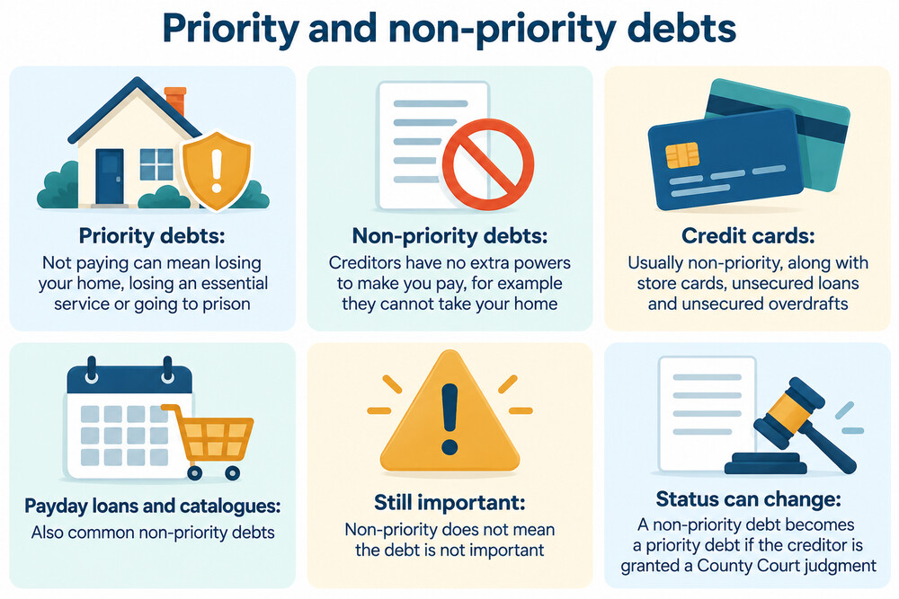 Examples of priority debts such as rent and council tax beside non-priority debts such as credit cards, catalogues and bank loans