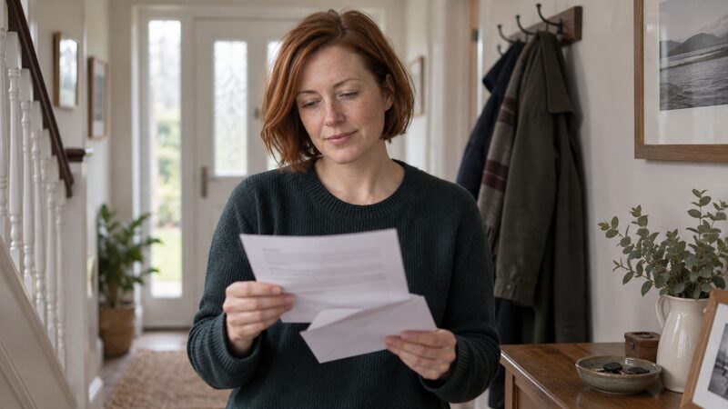 A woman stands in her hallway reading an opened letter from her card lender.