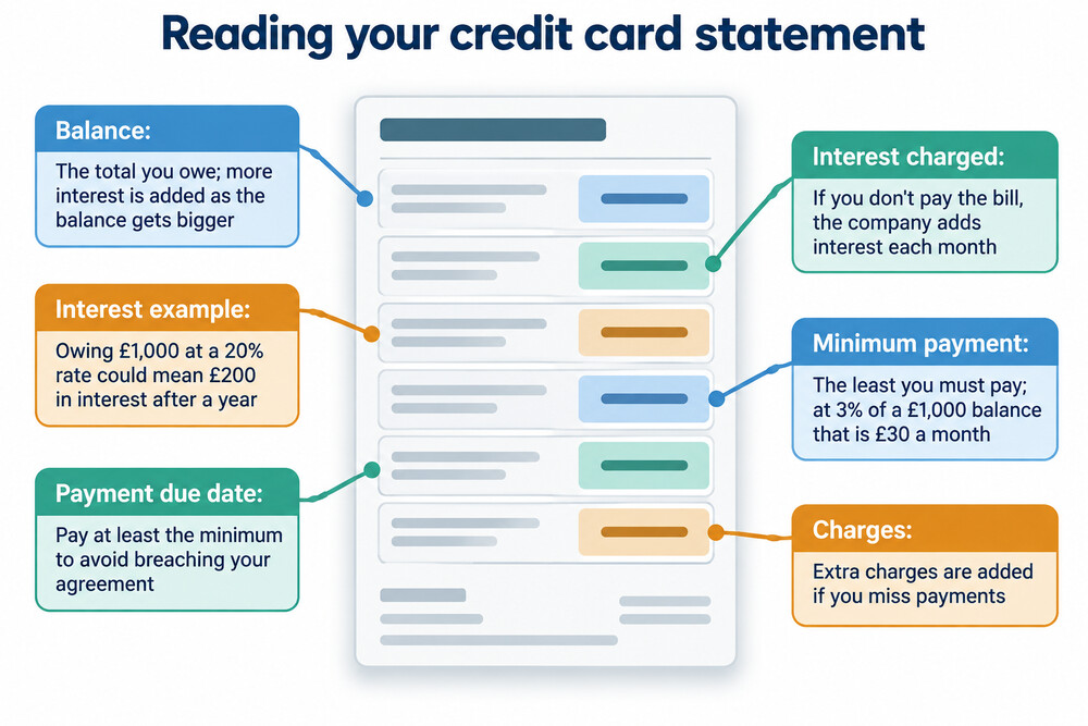 A credit card statement showing the interest charged section and the growing balance