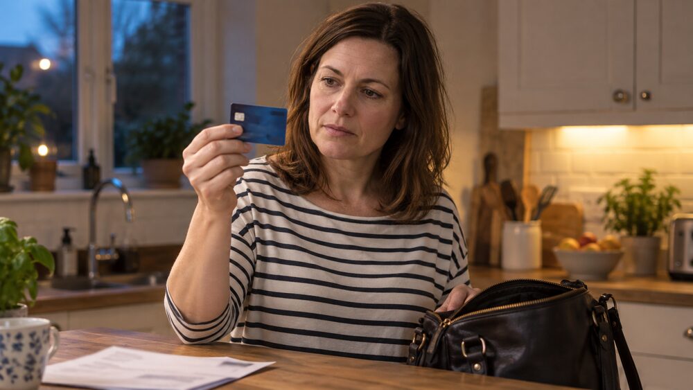 A woman at a kitchen worktop examines her credit card closely in the evening light.