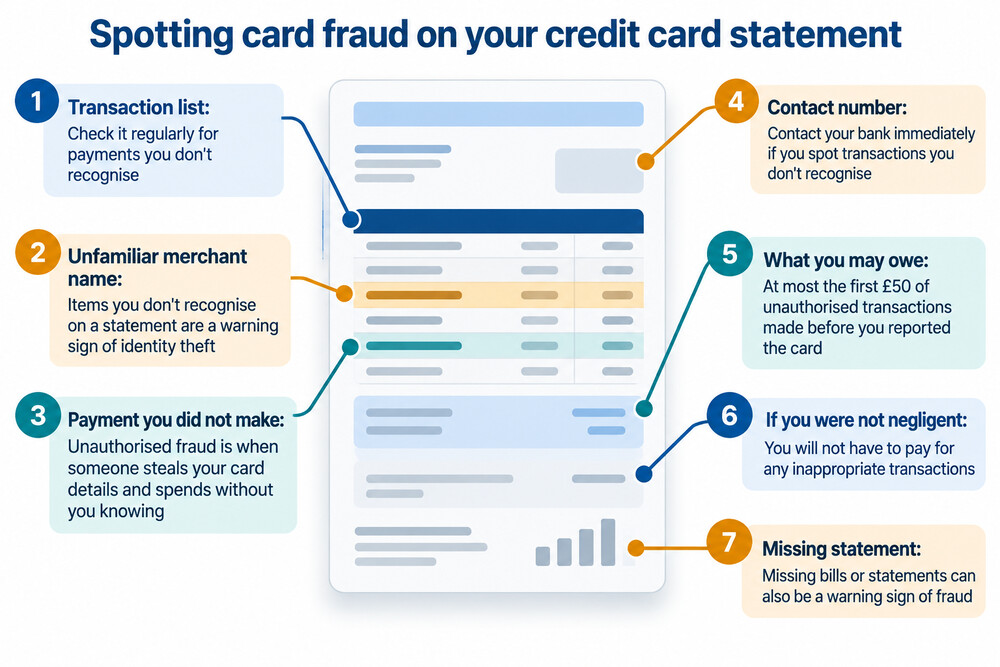 A credit card statement with one transaction highlighted and a question mark, showing where an unrecognised charge appears