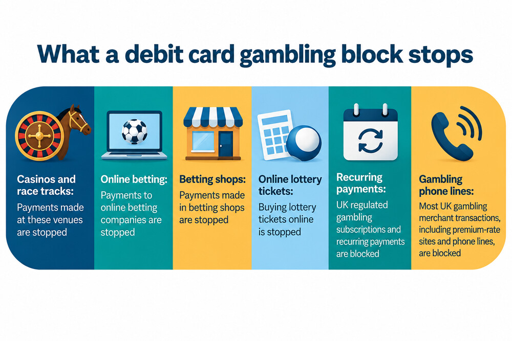 A phone showing a banking app with a gambling block setting being switched on