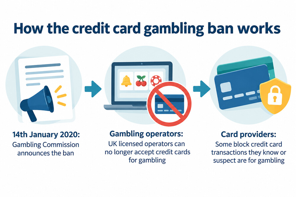 A flow showing the credit card gambling ban being announced, applied by operators and backed up by card providers' own blocks