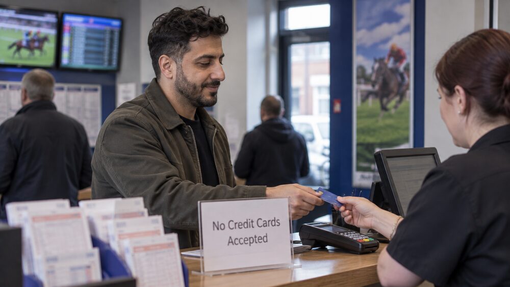 A betting shop counter at dusk with a credit card lying face down beside the till.