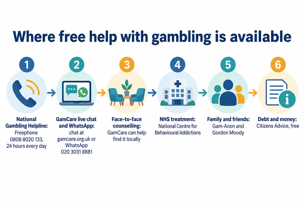 A flow showing the routes to free support for someone affected by gambling