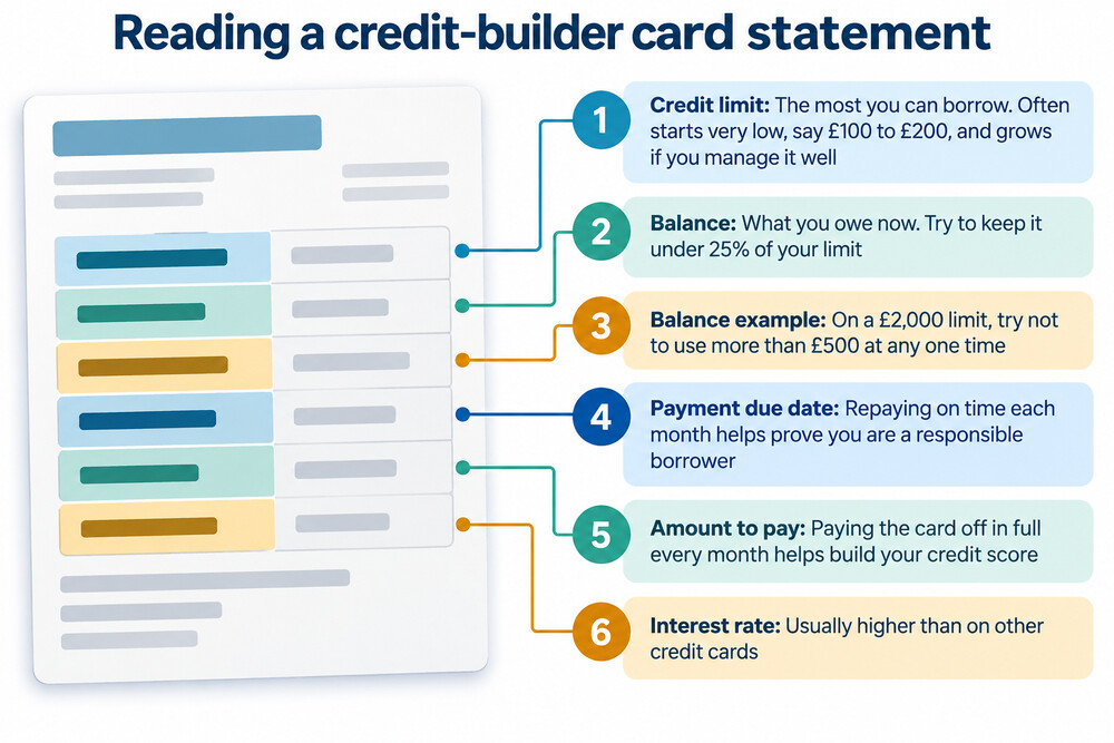 A first credit card statement showing a small balance and the minimum repayment amount