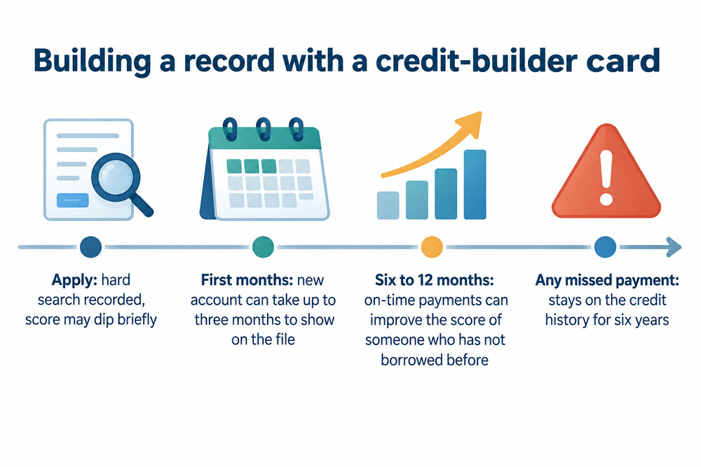 How a credit-builder card shows up on a credit file over time, from opening to an improved score