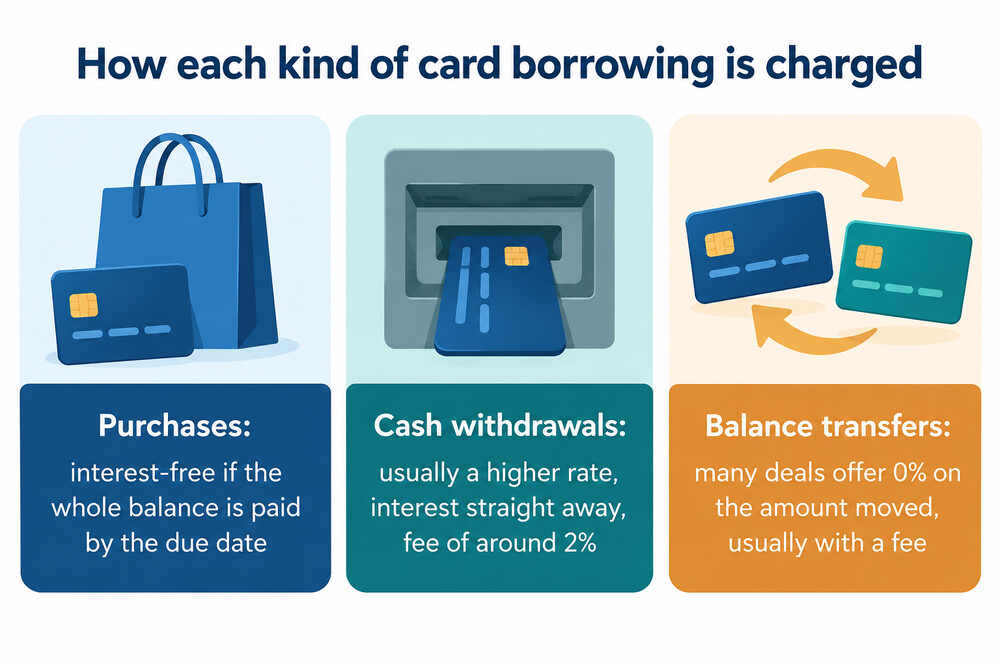 Comparison of how purchases, cash withdrawals and balance transfers are charged
