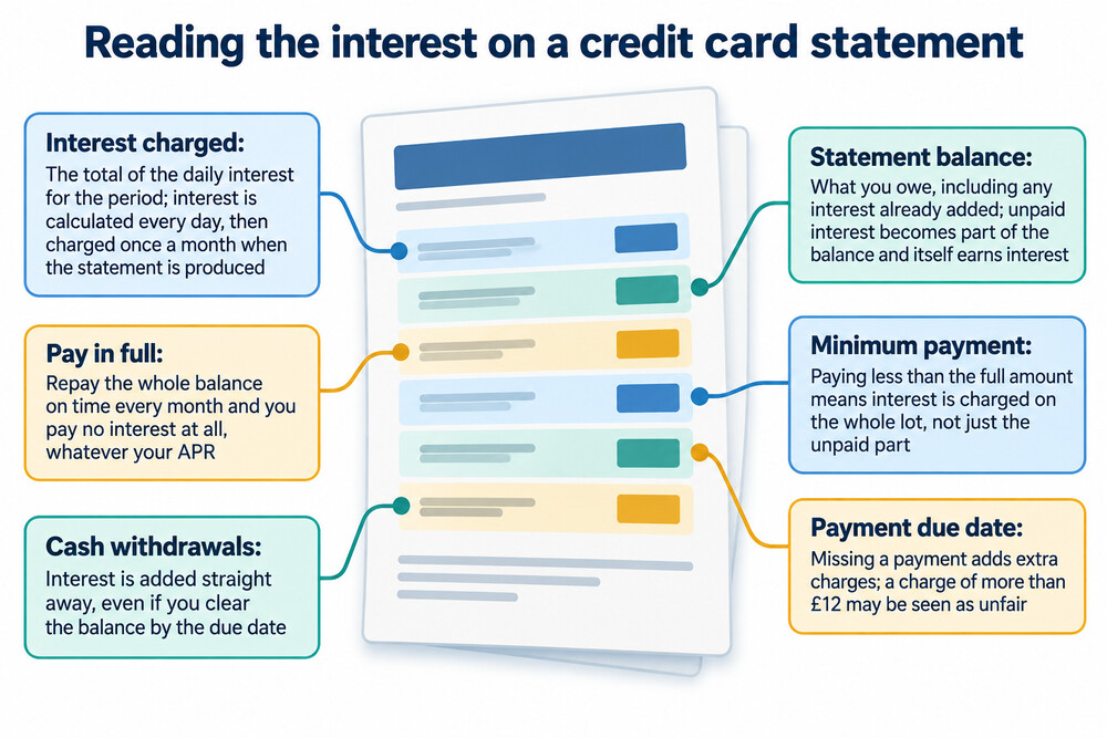 A credit card statement with the interest charge line highlighted, showing where daily interest appears on the monthly bill