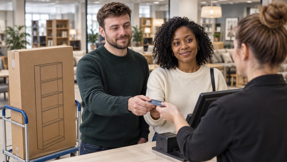 A couple hand a credit card to an assistant at a furniture shop till beside a boxed bookcase.