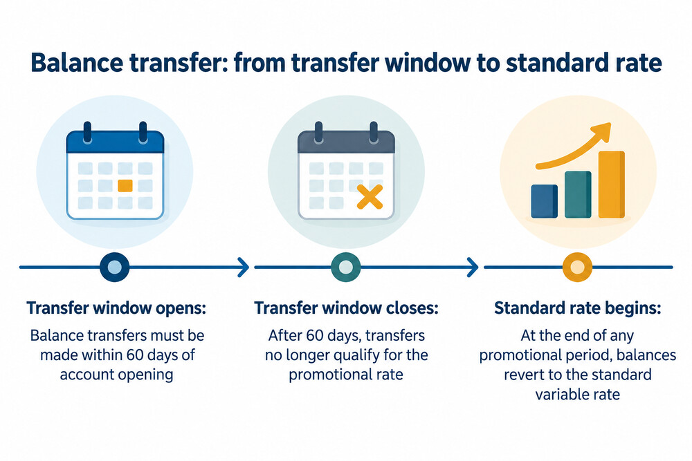 A timeline showing the 60-day transfer window, the interest-free months and the point the standard rate begins